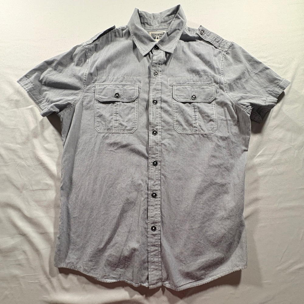 Converse One Star Striped Button Down Shirt Men Medium Short Sleeve Utility Blue - Picture 2 of 9